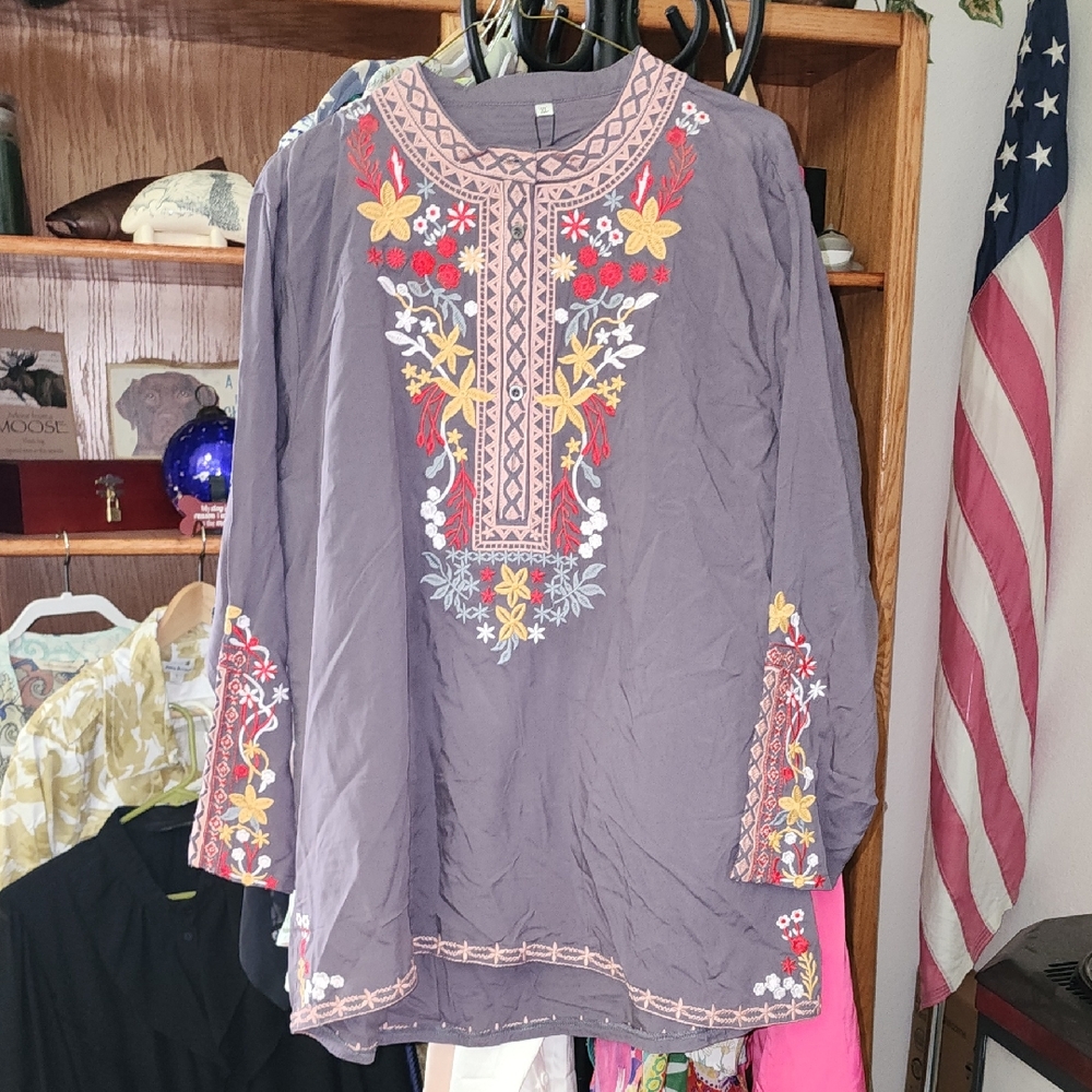 AK Charcoal Tunic with Colorful Embroidery Boho Top Blouse